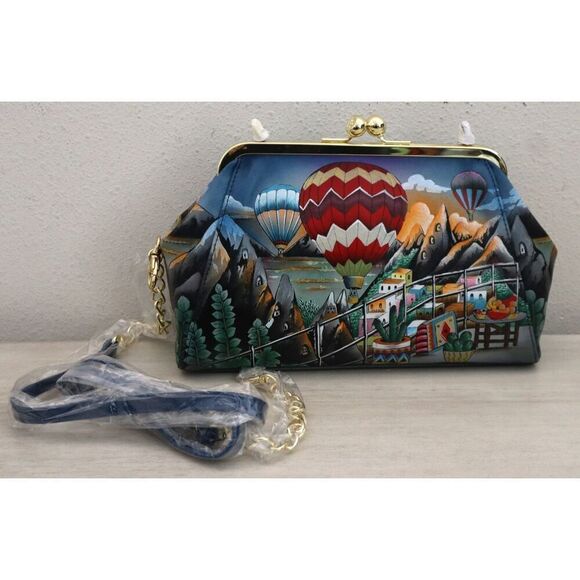 Anuschka Hot Air Balloon Hand-Painted Leather Kiss Lock Clutch Crossbody Bag - Picture 3 of 11